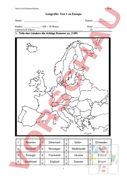 Arbeitsblatt Test Hauptstädte und Länder Europas Geographie Europa