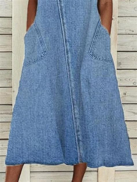 Us 4549 Womens Denim Dresses Sleeveless Crew Neck Denim Midi Dress