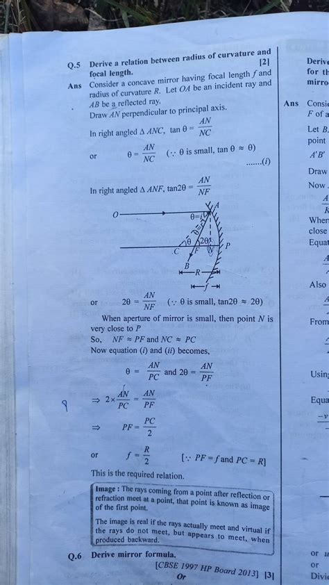 Q 5 Derive A Relation Between Radius Of Curvature And Focal Length Ans Co