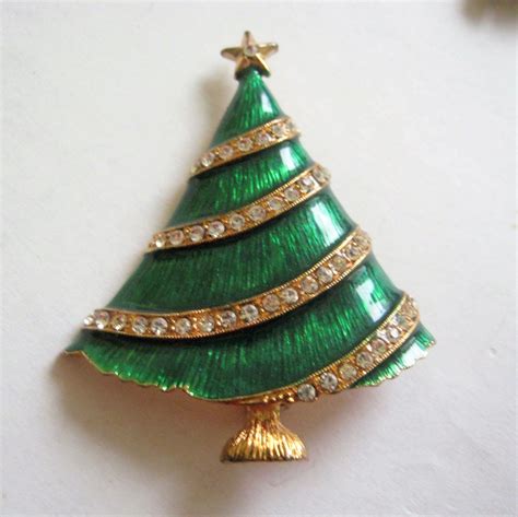 Vintage Eisenberg Ice Green Enamel Christmas Tree Pin With Rhinestones