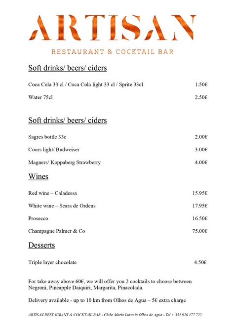 Artisan Restaurant - Food & Cocktail Take Away Service
