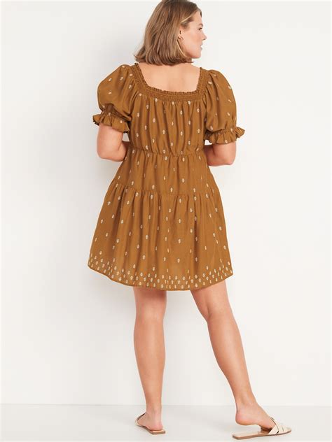 Puff Sleeve Tiered Smocked Embroidered Mini Swing Dress For Women Old Navy