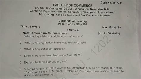 Corporate Accounting 4th Sem 2020 Question Paper Osmania