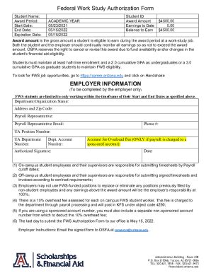 Fillable Online Federal Work Study Authorization Form Employer