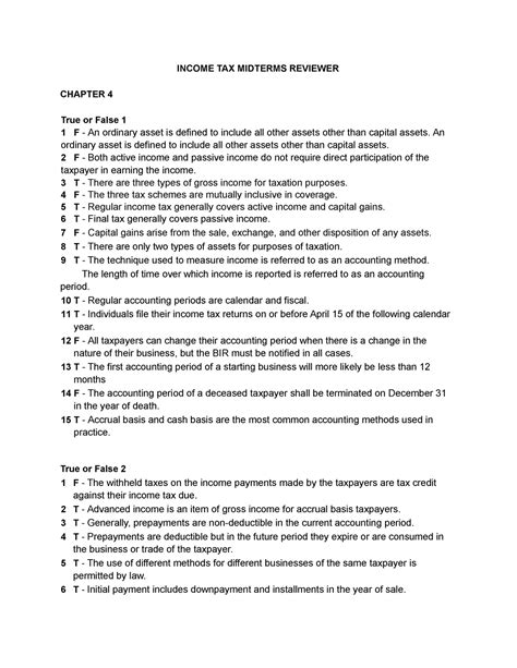 Income Taxation Income Tax Midterms Reviewer Chapter True Or False