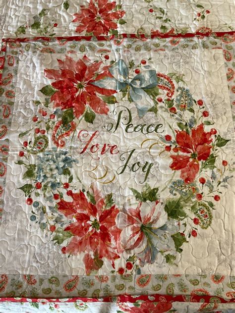 Classic Peace Love Joy With Poinsettias Handmade Holiday Quilted Wall