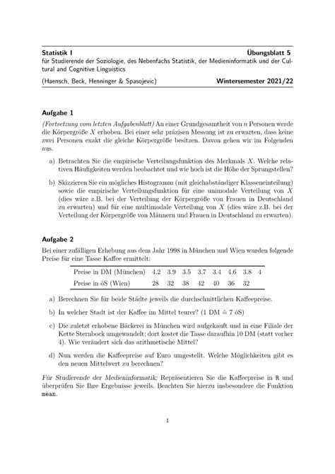 Blatt 05 Übung 1 Statistik I Übungsblatt 5 für Studierende der