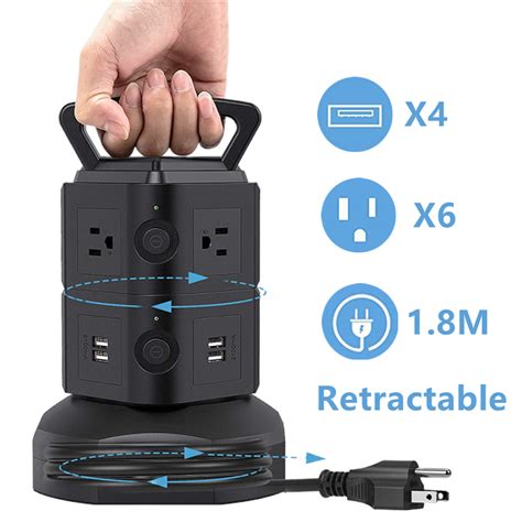 TESSAN Tower Socket Power Strip Extension Cord With 4 USB 1625W 10A