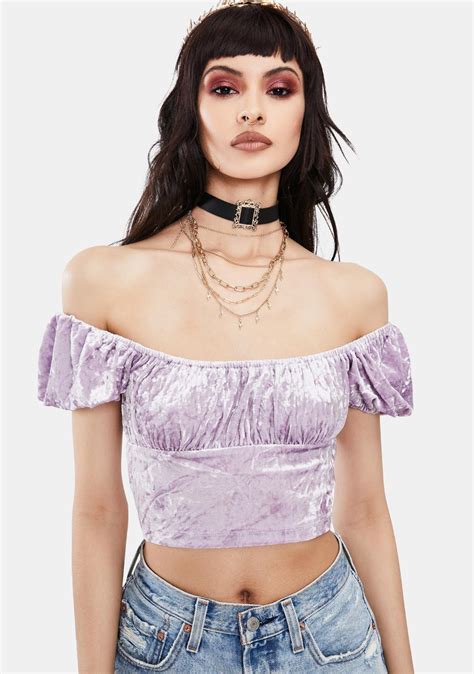 Crushed Velvet Ruched Puff Sleeve Crop Top Lavender Puff Sleeve