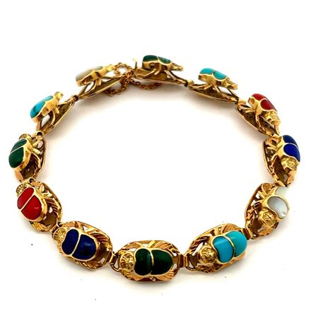 14k Yellow Gold Multicolor Egyptian Scarab Bracelet Etsy