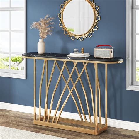 Modern Wood Narrow Console Table Gold Metal Legs Black Faux Marble 54 X 84 Bed Bath And Beyond