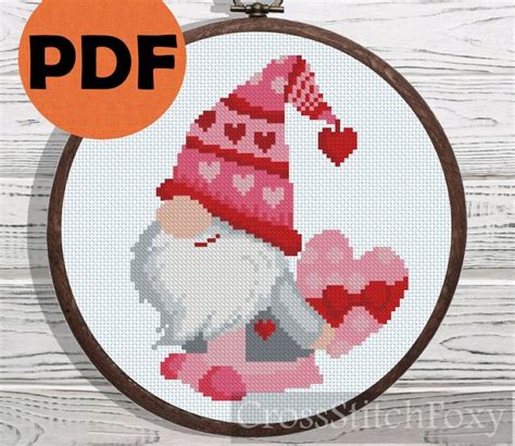 Valentine Gnome Cross Stitch Pattern Valentines Day Gnomes Wedding