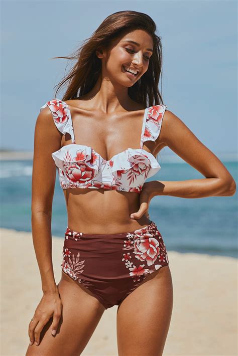 Floral Underwire Ruffle High Waist Bikini