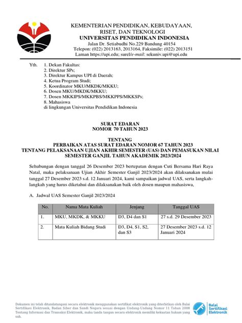 Surat Edaran Tentang Perbaikan Pelaksanaan Uas Dan Pemasukan Nilai Semester Ganjil 2023 2024 Pdf