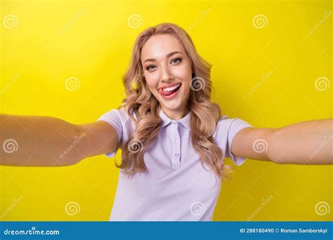 Photo Of Pretty Nice Lady Beaming Smile Tongue Lick Teeth Take Selfie