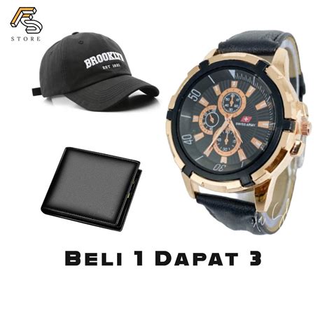 Jual Jam Tangan Pria Swiss Strap Kulit Quartz Analog Free Topi Dan