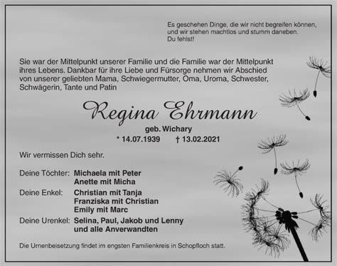 Traueranzeigen Von Regina Ehrmann Trauer Flz De