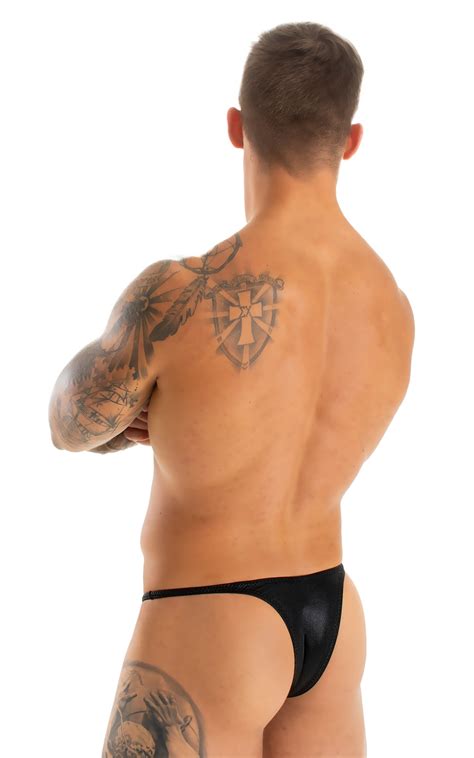 Mens Micro String Bikini Swimsuit In Wet Look Black With Rhinestones