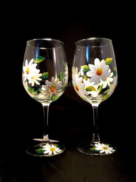 Hand Painted White Daisy Flower Set Of 2 Stemmed Wine Glass Gift For