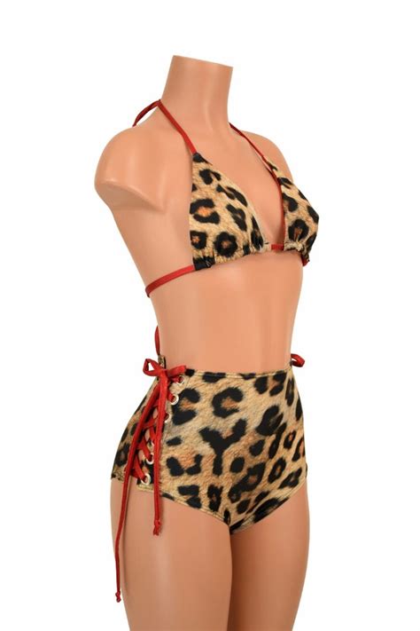 2PC Reversible Triangle Slide Bikini Top In Red Sj Leopard Etsy