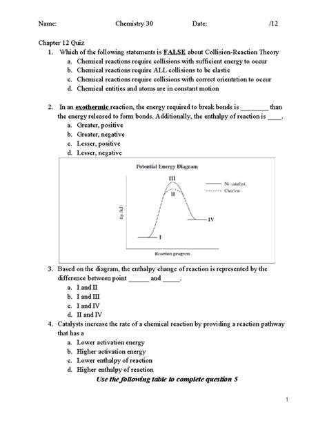 Chapter 12 Quiz Name Chemistry 30 Date Chapter 12 Quiz 1 Which