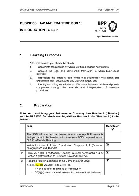 BLP SGS 1 BLP SGS 1 LPC BUSINESS LAW AND PRACTICE SGS 1
