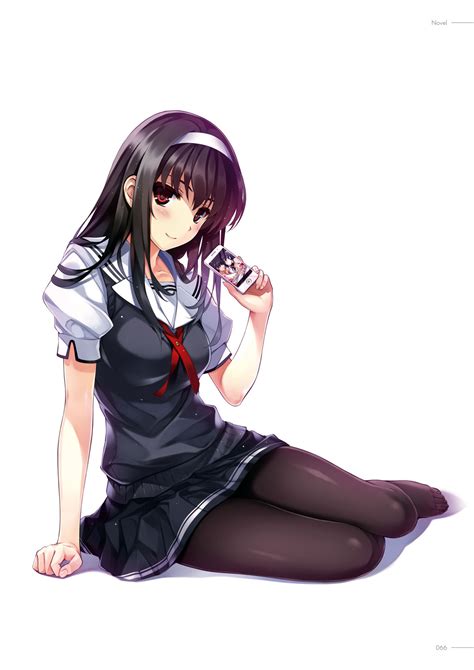 Safebooru 1girl Bangs Black Hair Black Legwear Black Skirt Cellphone