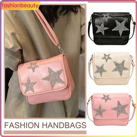 Women Casual Y2K Sling Bag Adjustable Strap PU Star Messenger Bag For