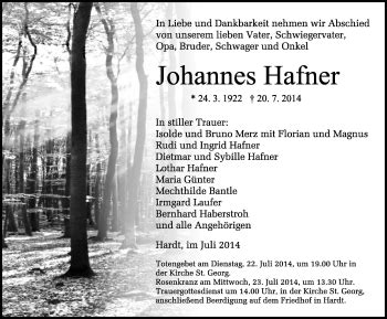 Traueranzeigen Von Johannes Hafner Schwarzw Lder Bote Trauer