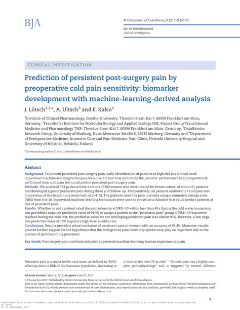 PDF Prediction Of Persistent Post Surgery Pain By Preoperative Cold