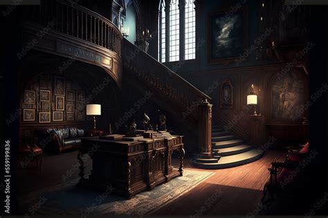 Dark Victorian Style Mansion Interior Design With Wooden Stairs Stock