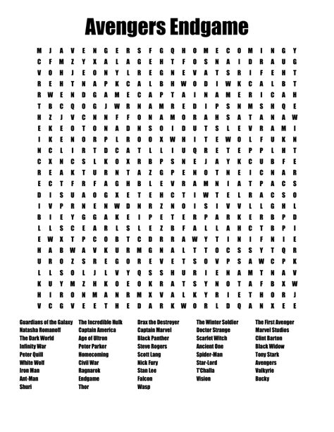 Avengers Endgame Word Search Wordmint