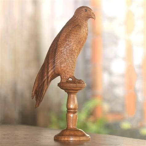 Hand-Carved Suar Wood Falcon Sculpture from Bali - Calm Falcon | NOVICA