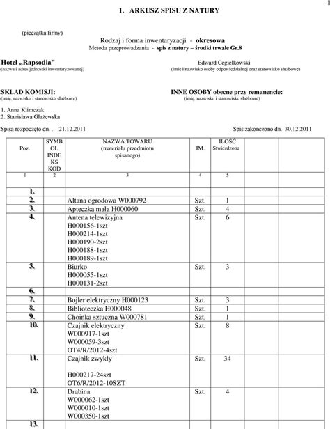 1 ARKUSZ SPISU Z NATURY Rodzaj I Forma Inwentaryzacji Okresowa