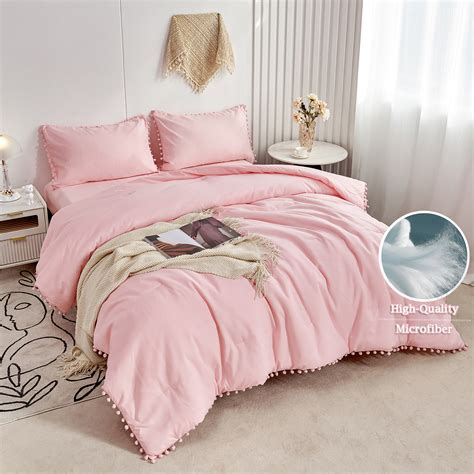 Rynghipy Pink Full Size 3 Pcs Comforter Set With Pom Fringe Boho Chic Bedding Set 1 Comforter