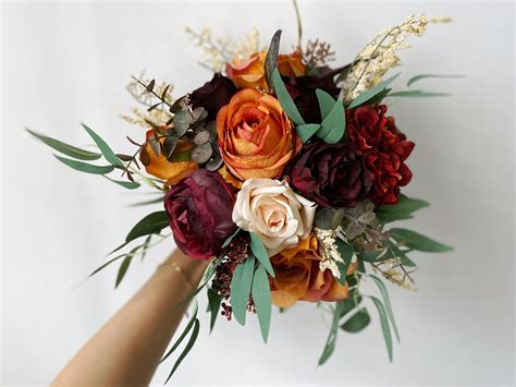 Burnt Orange And Burgundy Wedding Bouquet Burnt Orange Etsy Orange