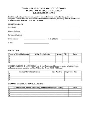 Fillable Online Coedu Usf GRADUATE ASSISTANT APPLICATION FORM SCHOOL OF