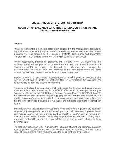 CRESER vs CA Case Digest: Patent Infringement Analysis and Ruling - Studocu