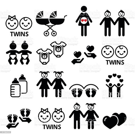 Twin Babies Icons Set Double Pram Twins Stock Illustration Download