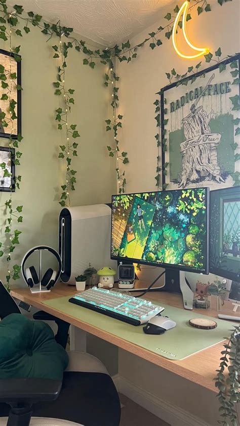 Green Aesthetic Desk And Pc Setup Gamer Room Decor