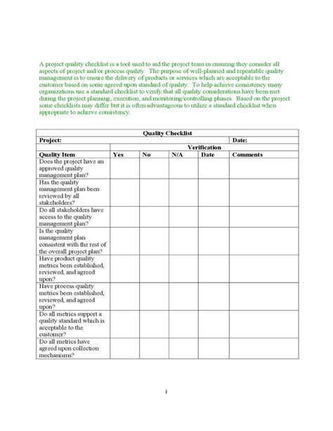 Quality Checklist Template