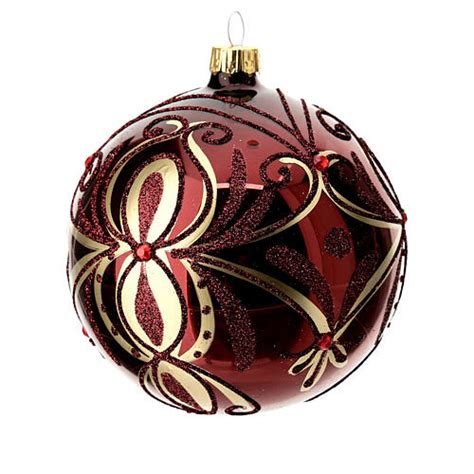 Boule de Noël verre soufflé bordeaux motif doré et pierres rouges 100