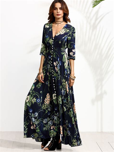 Calico Print Plunge Neck Button Front Maxi Dress Shein Sheinside