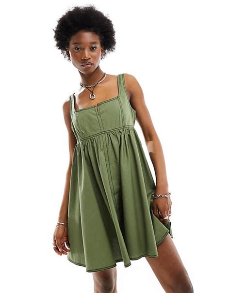 Collusion Cotton Mini Smock Dress With Notch Neck In Khaki Asos