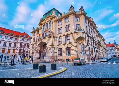 Prague Czech Republic March 5 2022 Exterior Of New City Hall Decorated With Moulding Wall