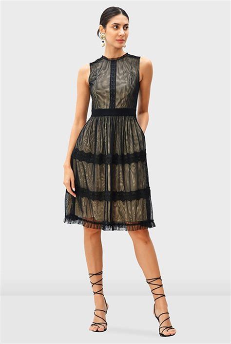 Shop Lace Embellished Sheer Tulle Ruffle Frill Tiered Dress Eshakti