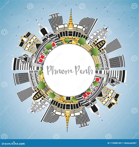 Phnom Penh Cambodia City Skyline With Color Buildings, Blue Sky And
