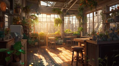 A Cozy Coffee Shop With Warm Atmosphere Bright Sunshine Plants Anime