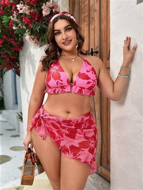 Plus Floral Print Bikini Set Ruffle Hem Halter Triangle Bra Top High