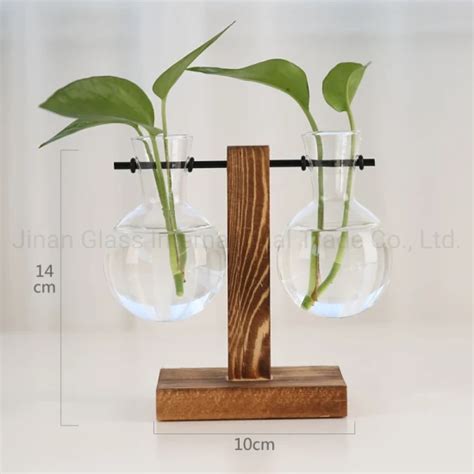 Indoor Plant Terrarium With Wooden Stand Air Planter Bulb Glass Vase Metal Swivel Holder Retro